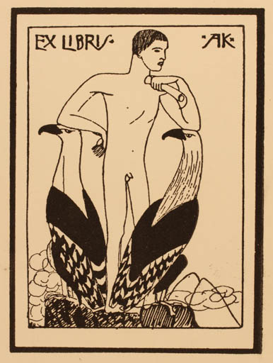 Exlibris by ? Unbekannt from Unknown for ? A. K. - Bird Man Nude 