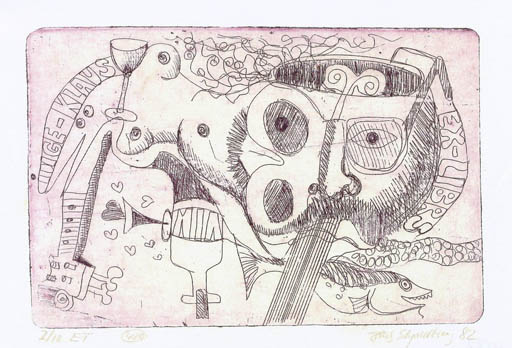 Exlibris by Erik Skjoldborg from Denmark for Klaus & Inge Rödel - Music Surrealism Wine 