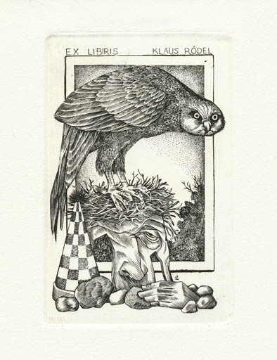 Exlibris by Lou Strik from Netherland for Klaus Rödel - Bird Surrealism 