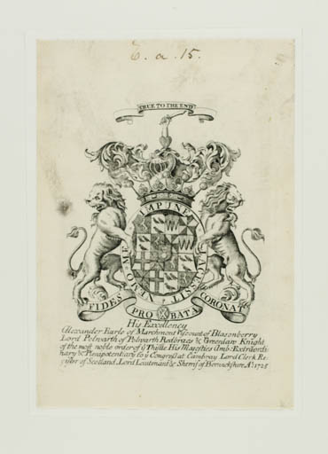 Exlibris by ? Jacobean from Great Britain for ? His Excellence Alexander Hume - Heraldry Historical Person Regent/royalty 