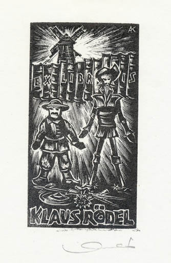 Exlibris by Kàroly Andrusko from Yugoslavia for Klaus Rödel - Don Quijote Literature Mill 