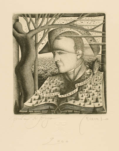 Exlibris by Pietro Paolo Tarasco from Italy for ? Andrzej Wlodarski - Book Flora Scenery/Landscape Man Portrait 