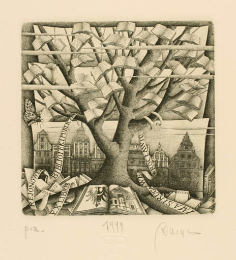 Exlibris by Pietro Paolo Tarasco from Italy for ? Rejonowej bibloiteki Publiczne - Book City Tree 