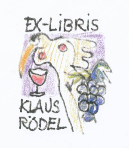 Exlibris by Erik Skjoldborg from Denmark for Klaus Rödel - Woman Wine 