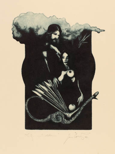 Exlibris by Jan Cernos from Czech Republic for Jaroslav Horanek - Adam and Eve Couple Religion 