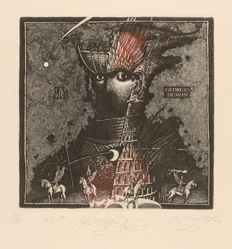 Exlibris by Roman Nikolaevich Sustov from Belorussia for Georges Dumon - Horse Man Portrait Surrealism 