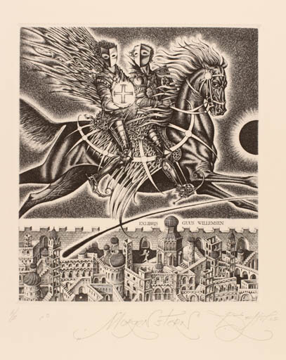 Exlibris by Roman Nikolaevich Sustov from Belorussia for Guus Willemsen - City Horse Pegasus Knight 