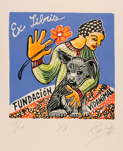 Exlibris by Marcela Pankok from Argentina for Fundacion Vidanimal - Dog Woman 