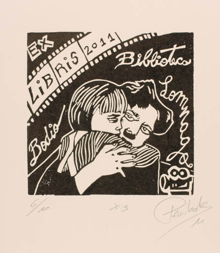 Exlibris by Marcela Pankok from Argentina for Biblioteca Bodio Lomnago - Couple Theater/Cirkus 