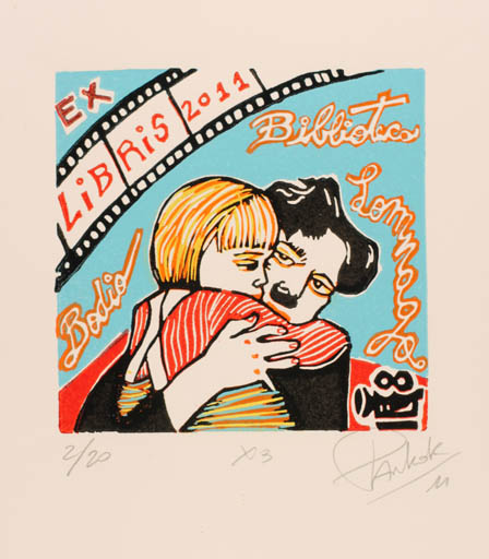 Exlibris by Marcela Pankok from Argentina for Biblioteca Bodio Lomnago - Couple Theater/Cirkus 