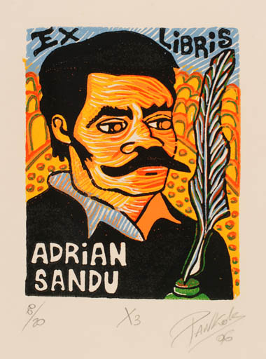 Exlibris by Marcela Pankok from Argentina for Adrian Sandu - Man Portrait 