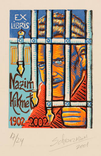 Exlibris by Mauricio Schvarzman from Argentina for Nazim Hikmet Vakfi - Man Portrait 