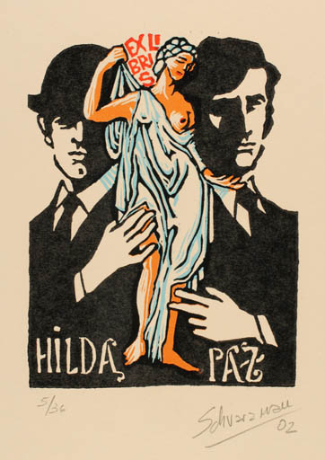 Exlibris by Mauricio Schvarzman from Argentina for Hilda Paz - Woman Man 