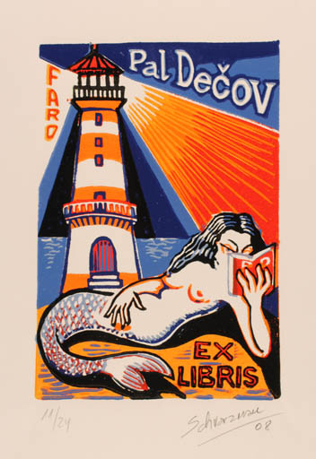 Exlibris by Mauricio Schvarzman from Argentina for Pal Decov - Book Mermaid 