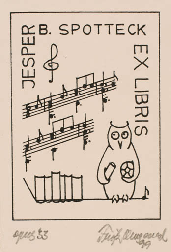 Exlibris by Fritz Overgaard from Denmark for Jesper. B. Spotteck - Book Music Owl 