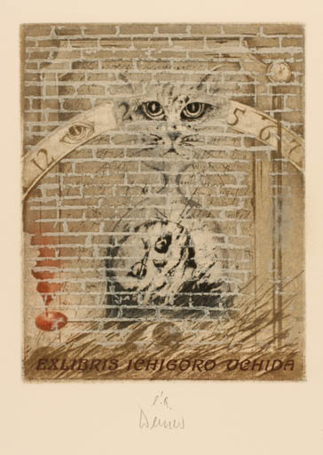 Exlibris by Josef Werner from Germany for Ichigoro Uchida - Death Cat Surrealism 