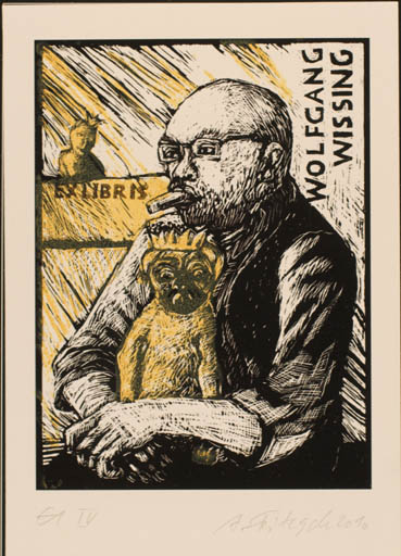 Exlibris by Annette Fritzsch from Germany for Wolfgang Wissing - Dog Man 