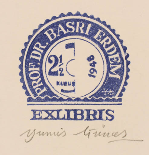 Exlibris by Yunus Günes from Turkey for prof. Dr. Basri Erdem - Text/Writing 