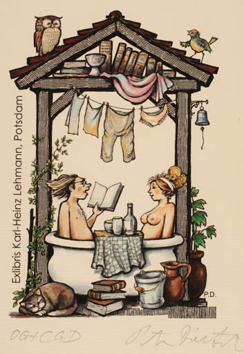 Exlibris by Peter Dietzsch from Germany for Lehmann Postdam - Book Nude Couple Romance Owl Wine 