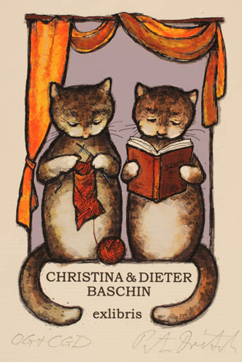 Exlibris by Peter Dietzsch from Germany for Christina & Dieter Baschin - Book Cat 