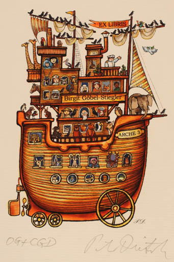 Exlibris by Peter Dietzsch from Germany for Birgit Göbel-Stiegler - Fauna Maritime Religion Ship/Boat 