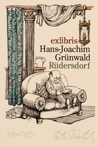 Exlibris by Peter Dietzsch from Germany for Hans-Joachim Grünwald - Book Interior Cat Man 