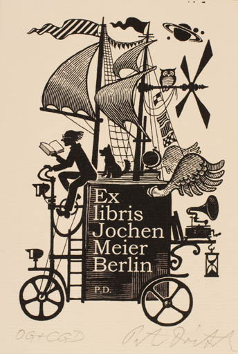 Exlibris by Peter Dietzsch from Germany for Jochen Meier - Book Dog Technology Owl 