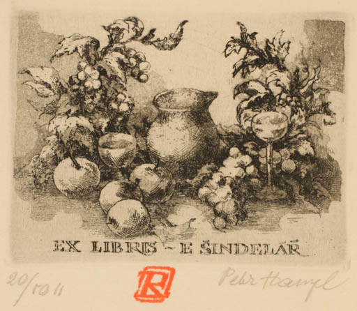 Exlibris by Petr Hampl from Czech Republic for Judr. Evzen Sindelár - Interior Fauna Fruit Wine 