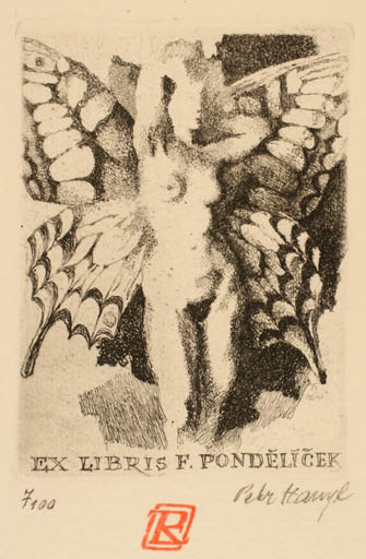 Exlibris by Petr Hampl from Czech Republic for F. Pondelicek - Woman Nude Butterfly 