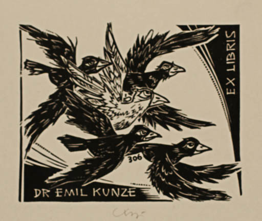 Exlibris by Bohdan Rutkowiak from Poland for Dr. Emil Kunze - Bird 