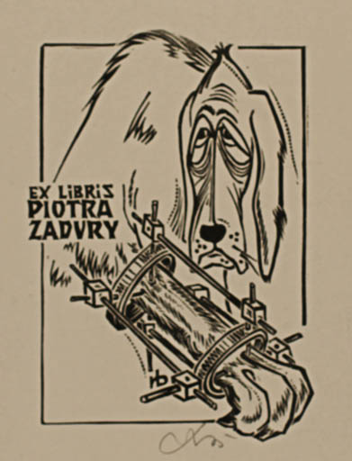 Exlibris by Bohdan Rutkowiak from Poland for Piotra Zadvry - Dog Medicine 