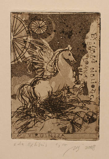 Exlibris by Virginija Kalinauskaite from Lithuania for Biblioteca Bodio Lomnago - Fable Animal Horse Pegasus 