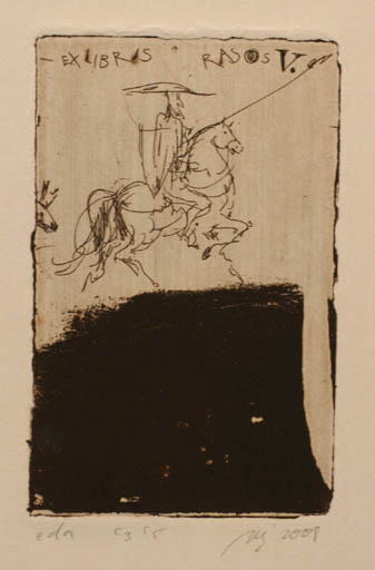 Exlibris by Virginija Kalinauskaite from Lithuania for Rasa Valujaviciene - Don Quijote Horse Man Knight 