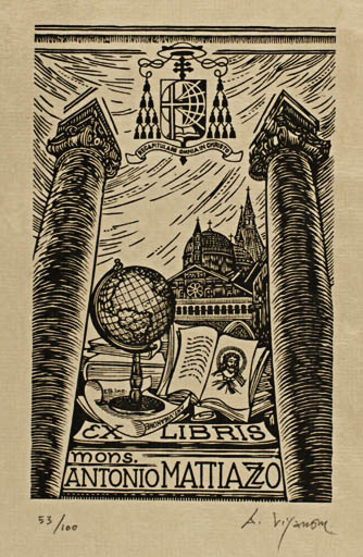 Exlibris by Antonietta Vigannone from Italy for Mons. Antonio Mattiazzo - Book Globe Church Religion 