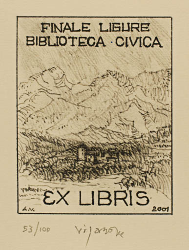 Exlibris by Antonietta Vigannone from Italy for Finale Ligura Biblioteca Civica - Mountain Scenery/Landscape 