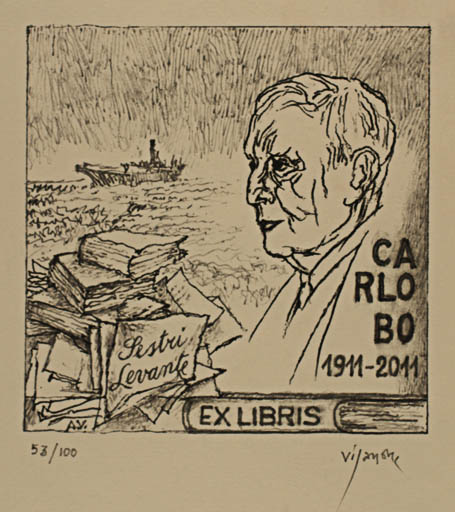 Exlibris by Antonietta Vigannone from Italy for Carlo Bo - Book Man Maritime Portrait Ship/Boat 