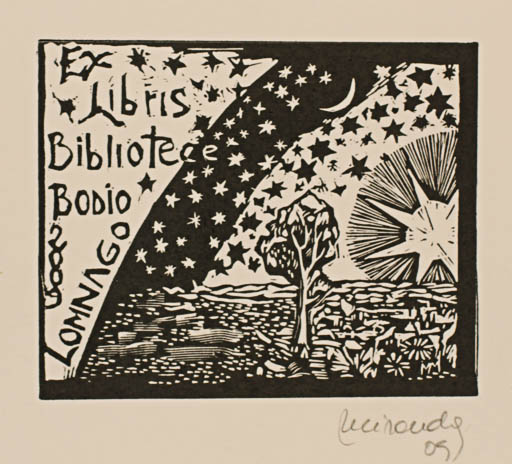 Exlibris by Marcela Miranda from Argentina for Biblioteca Bodio Lomnago - Cosmos Sun Tree 