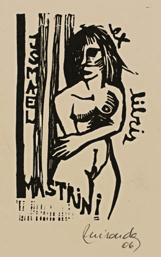 Exlibris by Marcela Miranda from Argentina for Ismael Mastrini - Woman Nude 