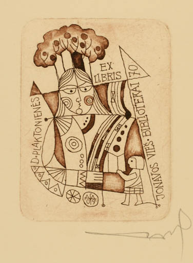 Exlibris by Alfonsas Cepaukas from Lithuania for Jonavos Viesajai Biblioteka - Child Woman Tree 