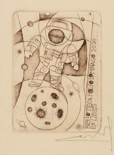 Exlibris by Alfonsas Cepaukas from Lithuania for Biblioteca Bodio Lomnago - Cosmos Man Science 