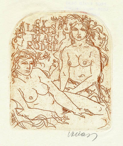 Exlibris by Evald Okas from Estonia for Klaus Rödel - Woman Nude 