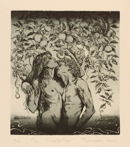 Exlibris by Eugenia Thimoshenko from Belorussia for Lodevijk Deurinck - Adam and Eve Fruit Nude Couple 