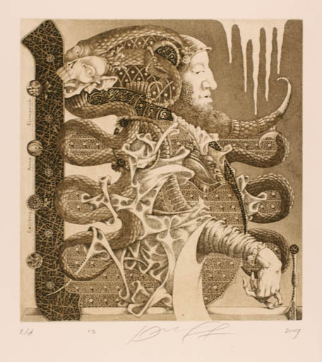 Exlibris by Jurij Jakovenko from Belorussia for Anna Klimenok - Fable Animal Man Portrait Surrealism 