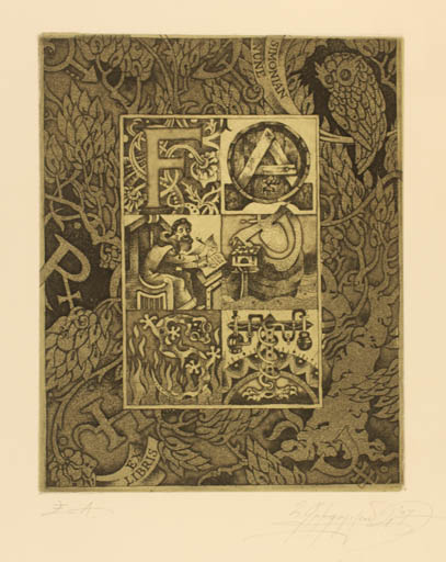 Exlibris by Hayk Grigoryan from Armenien for Simone Nune - Monogram Owl 