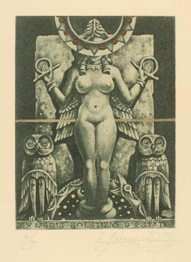 Exlibris by Hayk Grigoryan from Armenien for Solstizo Déstate - Woman Nude Owl 