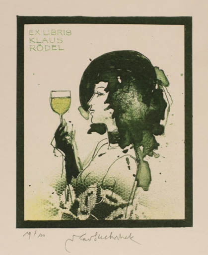 Exlibris by Vladimir Suchanek from Czech Republic for Klaus Rödel - Woman Wine 