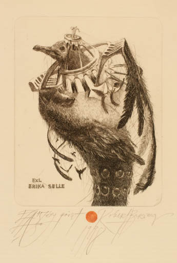 Exlibris by Robert Evgeny Baramov from Bulgaria for Erika Selle - Bird Surrealism 