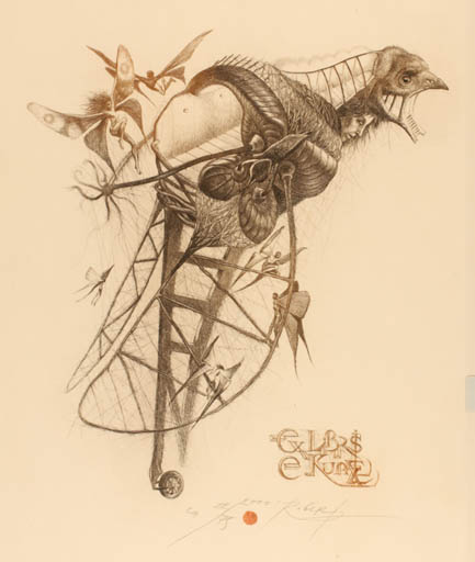 Exlibris by Robert Evgeny Baramov from Bulgaria for Dr. Emil Kunze - Fable Animal Insect Surrealism 