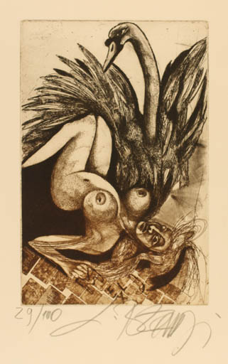 Exlibris by Leo Bednarik from Slovak Republic for M. J. - Leda and the Swan 