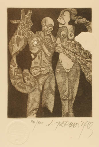 Exlibris by Leo Bednarik from Slovak Republic for ? ? - Fauna Couple Surrealism 